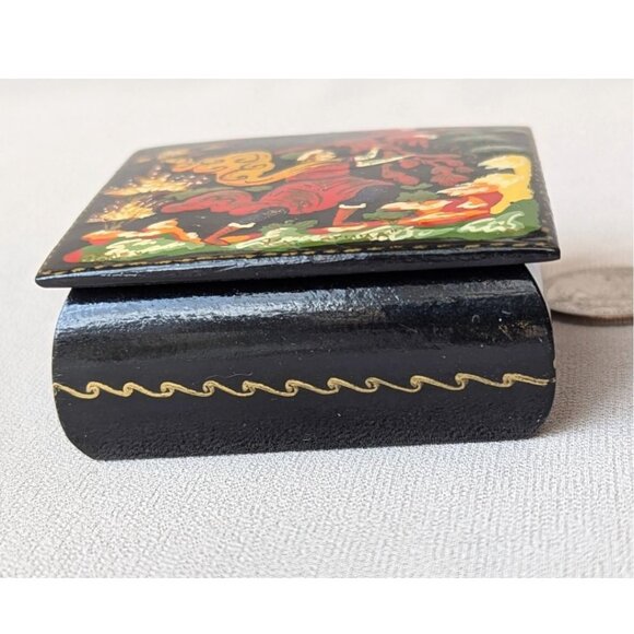 Vintage Palekh Hand Painted Lacquer Small Jewelry Trinket Box 'Firebird' Signed - Picture 4 of 7